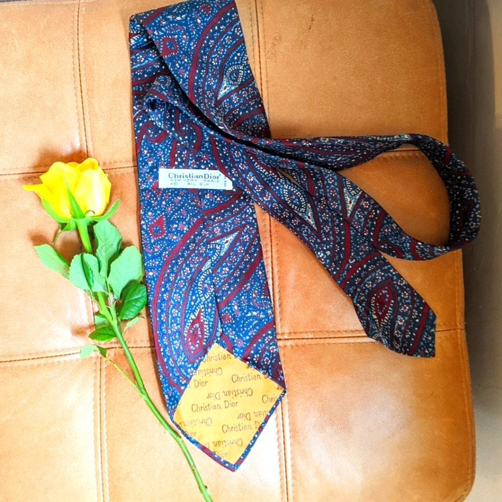 Vintage Christian Dior Wide Silk Tie Paisley  Blue, Burgundy Classic 1980's